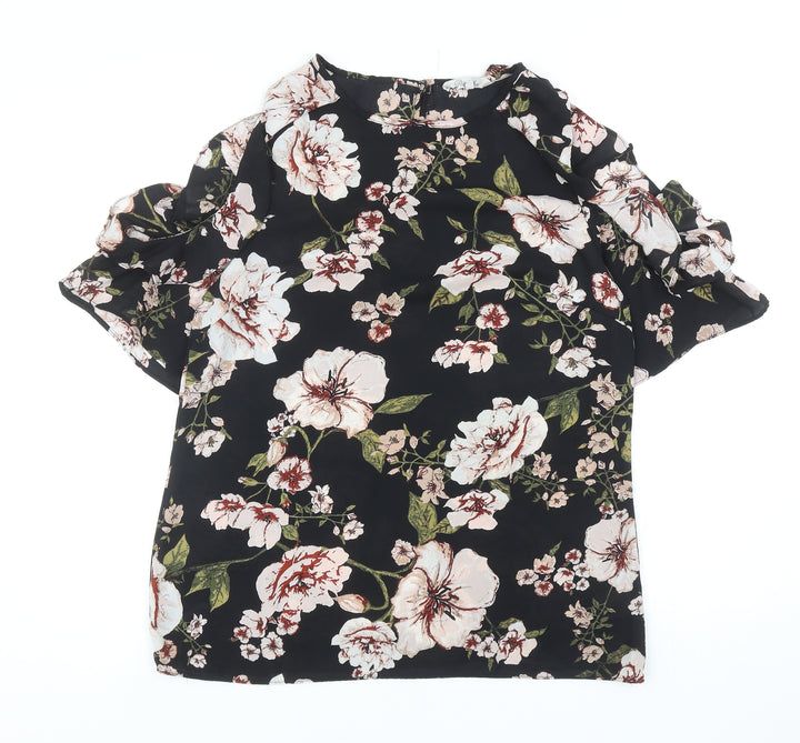 Peacocks Womens Black Floral Polyester Basic Blouse Size 12 Boat Neck - Cold Shoulder