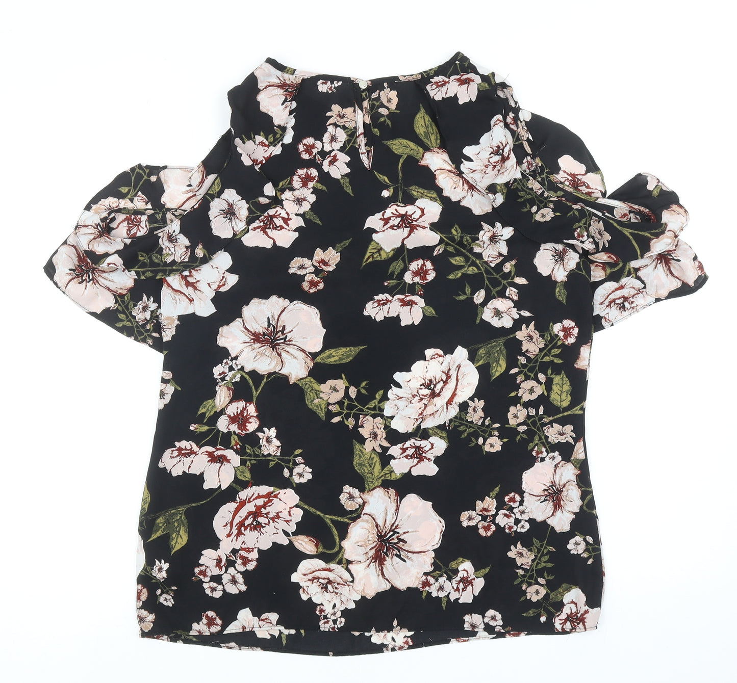 Peacocks Womens Black Floral Polyester Basic Blouse Size 12 Boat Neck - Cold Shoulder