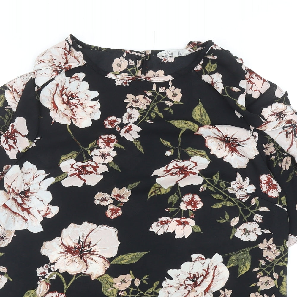 Peacocks Womens Black Floral Polyester Basic Blouse Size 12 Boat Neck - Cold Shoulder