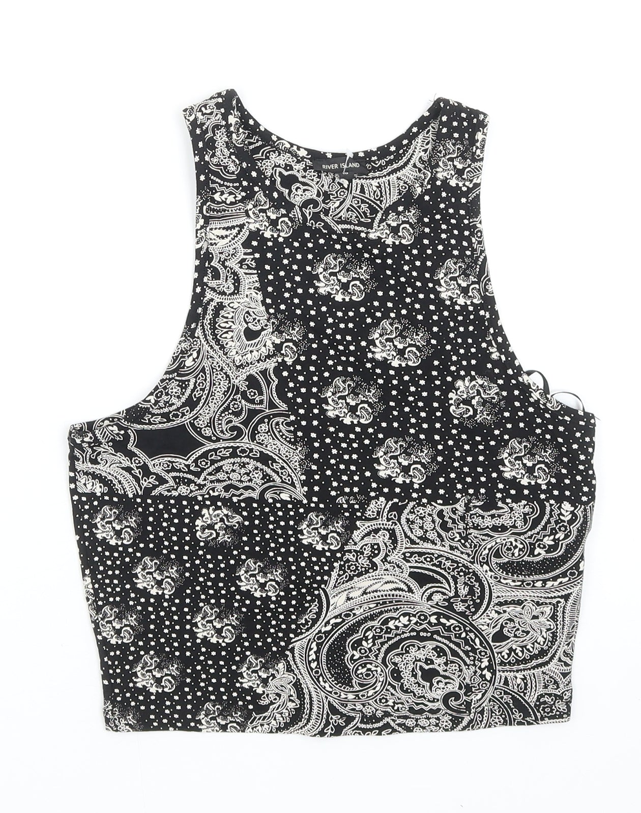 River Island Womens Black Geometric Cotton Cropped Tank Size 10 Scoop Neck - Bandana Print