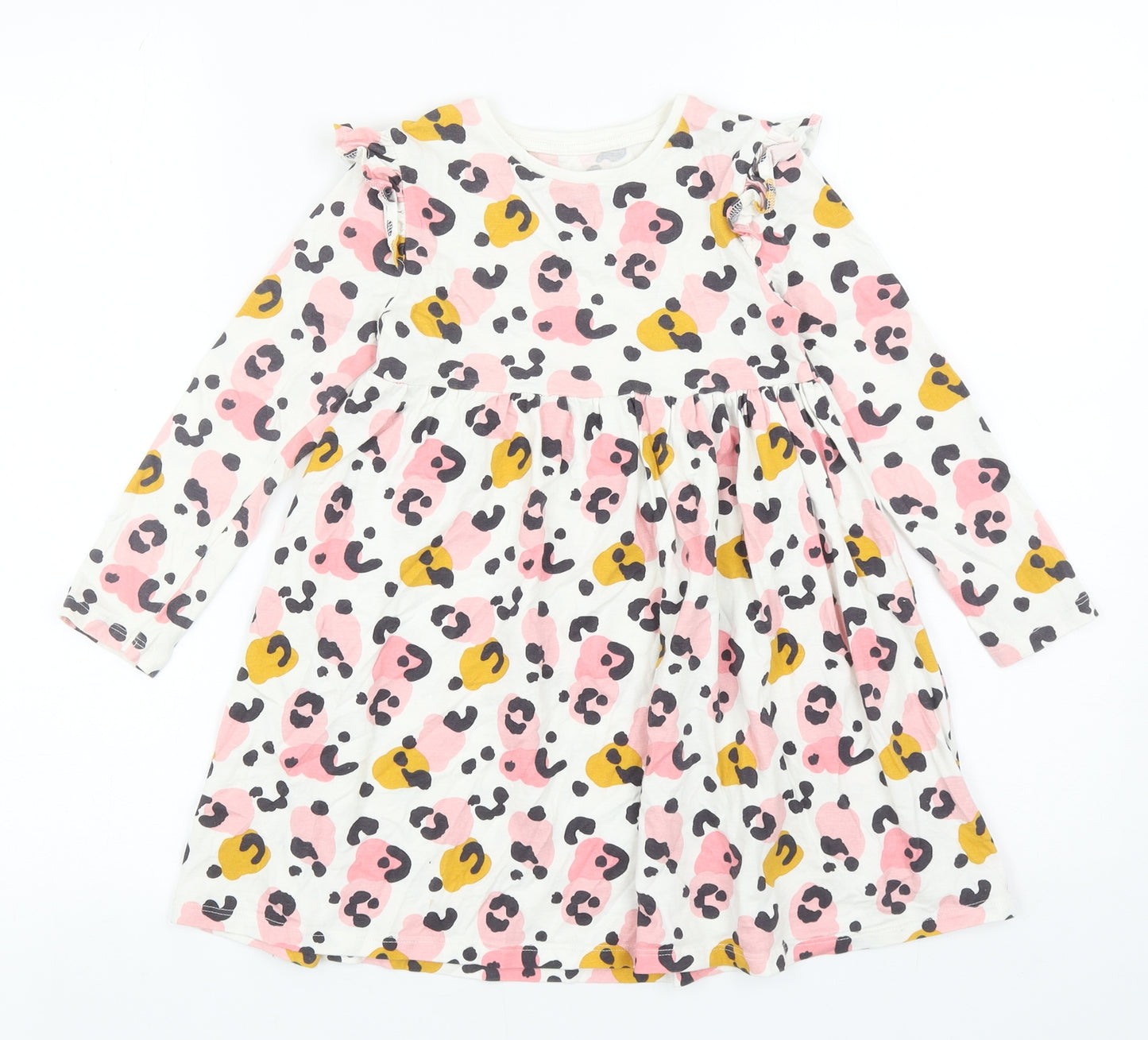 F&F Girls Multicoloured Animal Print Cotton Skater Dress Size 5-6 Years Round Neck Pullover - Leopard print