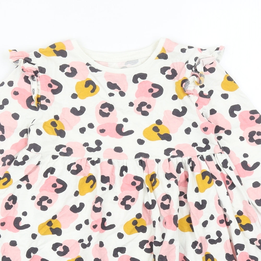 F&F Girls Multicoloured Animal Print Cotton Skater Dress Size 5-6 Years Round Neck Pullover - Leopard print