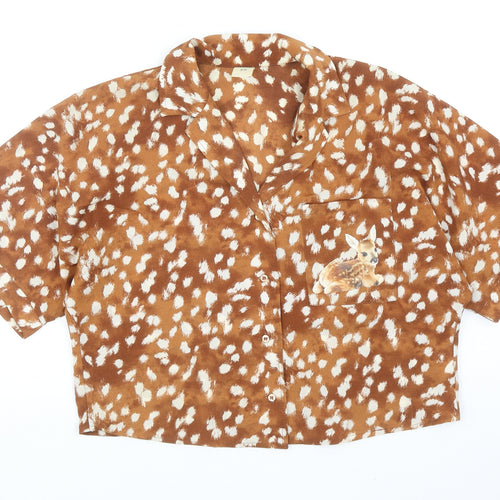 Befree Womens Brown Geometric Polyester Cropped Button-Up Size XS V-Neck - Bambi Print