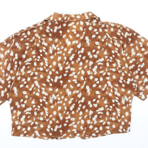Befree Womens Brown Geometric Polyester Cropped Button-Up Size XS V-Neck - Bambi Print