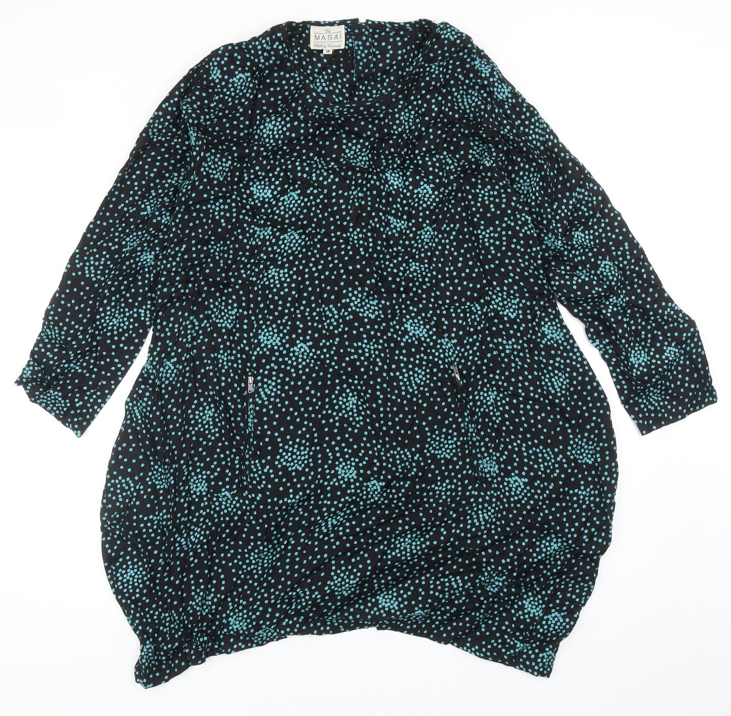 The Masai Womens Black Geometric Viscose A-Line Size M Round Neck Zip
