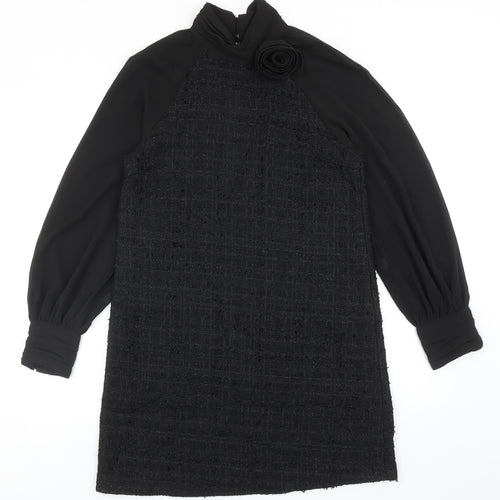 Zara Womens Black Polyester Shift Size M High Neck Button - 3D Flower