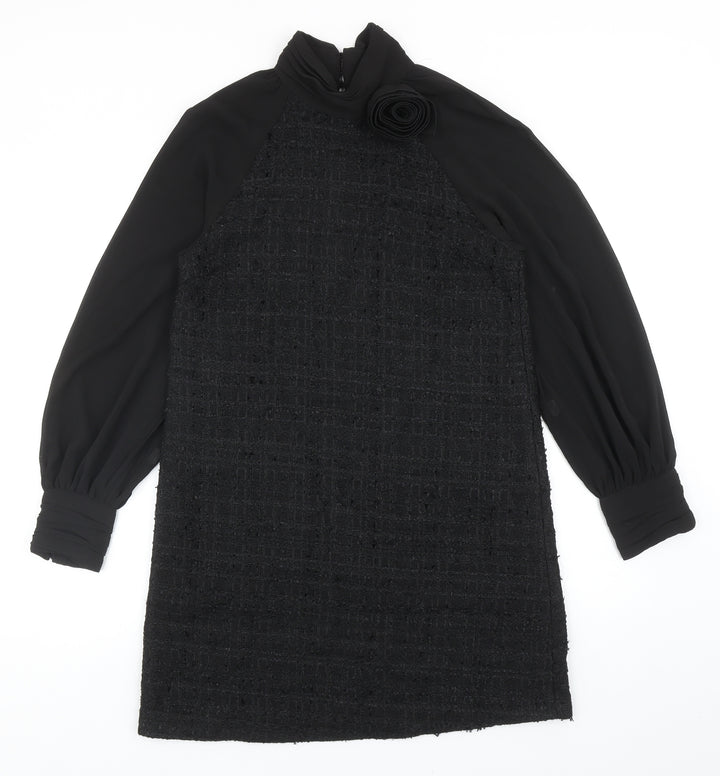 Zara Womens Black Polyester Shift Size M High Neck Button - 3D Flower