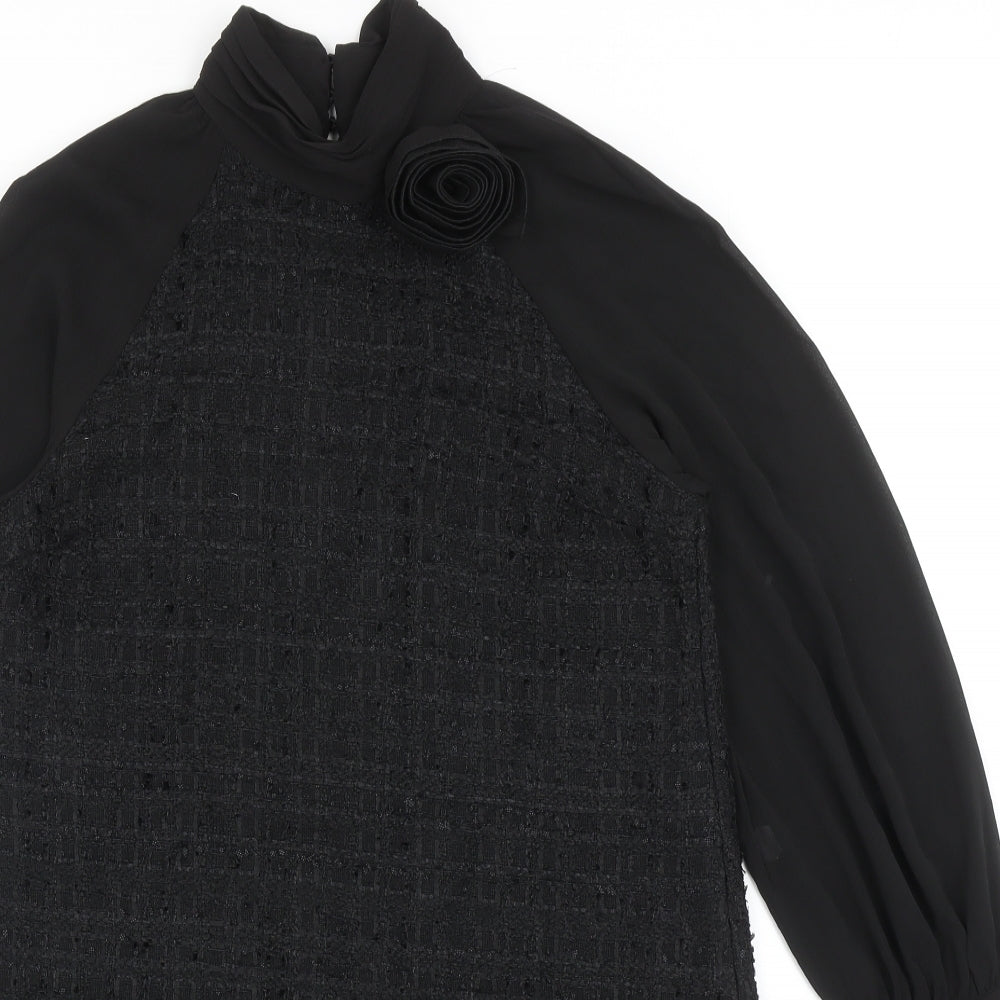 Zara Womens Black Polyester Shift Size M High Neck Button - 3D Flower