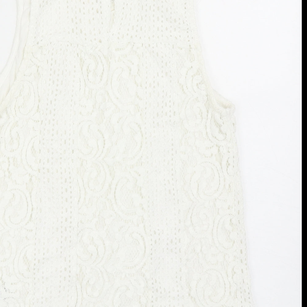 Warehouse Womens White Geometric Nylon Basic Tank Size 10 Round Neck