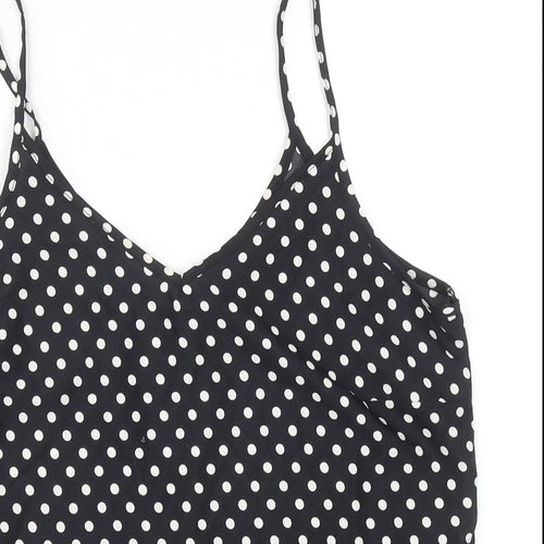 MO Woman Womens Black Polka Dot Polyester Basic Tank Size L V-Neck