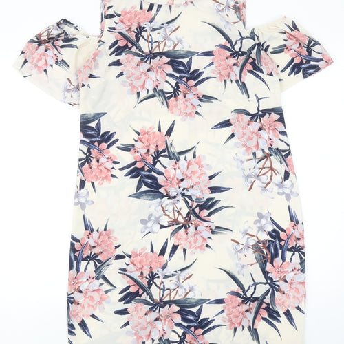 Warehouse Womens Ivory Floral Polyester Shift Size 12 Roll Neck Pullover - Cold Shoulder