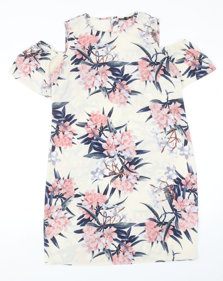 Warehouse Womens Ivory Floral Polyester Shift Size 12 Roll Neck Pullover - Cold Shoulder