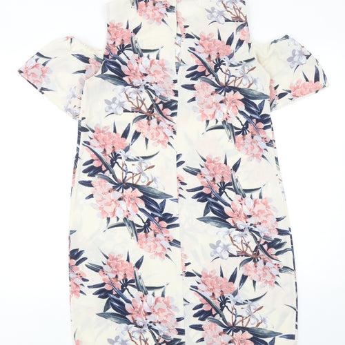 Warehouse Womens Ivory Floral Polyester Shift Size 12 Roll Neck Pullover - Cold Shoulder