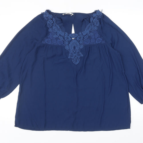 Mango Womens Blue Polyester Basic Blouse Size S Boat Neck - Lace Detail
