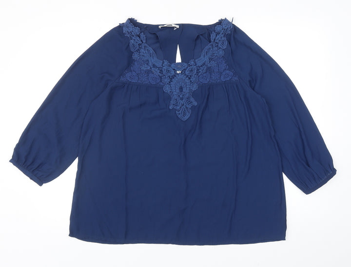 Mango Womens Blue Polyester Basic Blouse Size S Boat Neck - Lace Detail