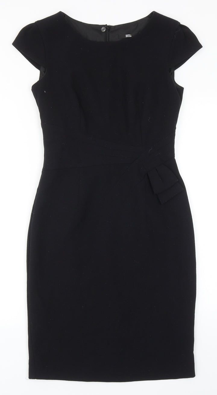 Marks and Spencer Womens Black Polyester Pencil Dress Size 8 Boat Neck Zip - Cap Sleeve