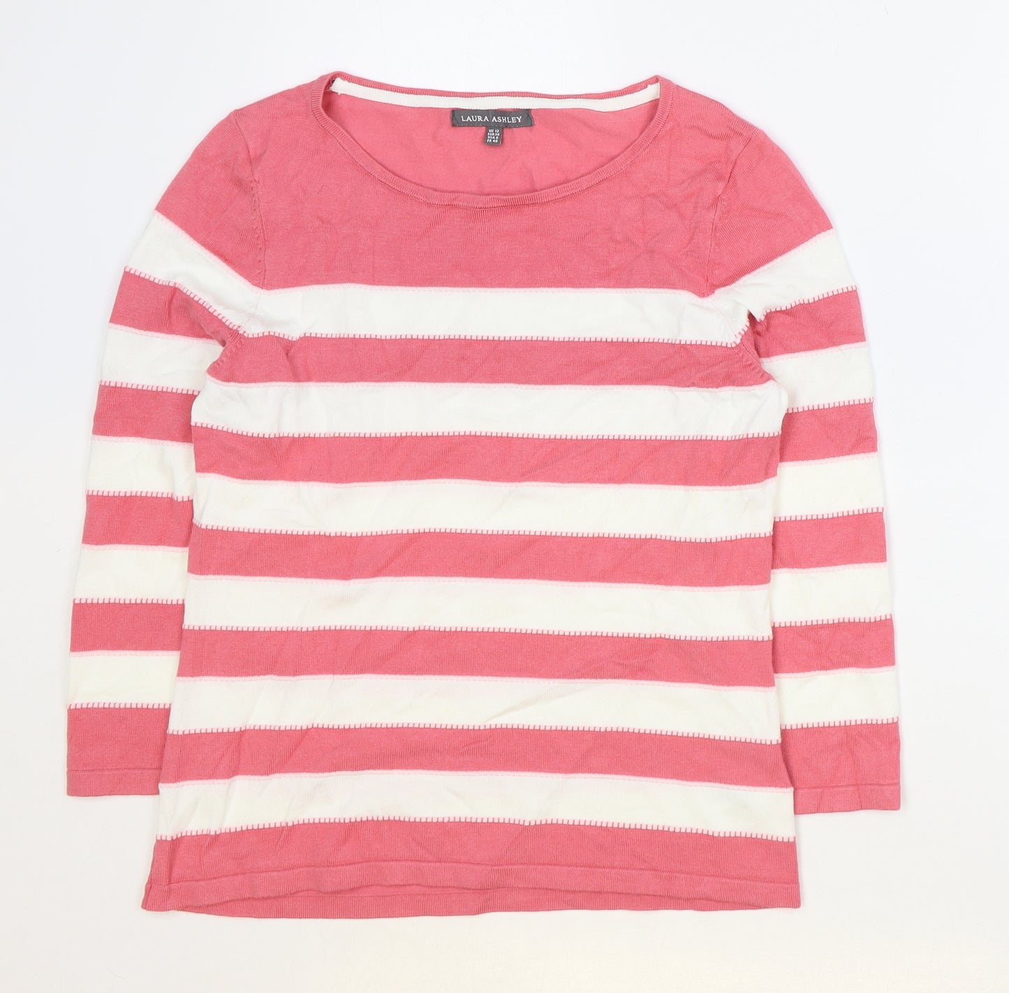 Laura Ashley Womens Pink Striped Viscose Basic T-Shirt Size 12 Round Neck