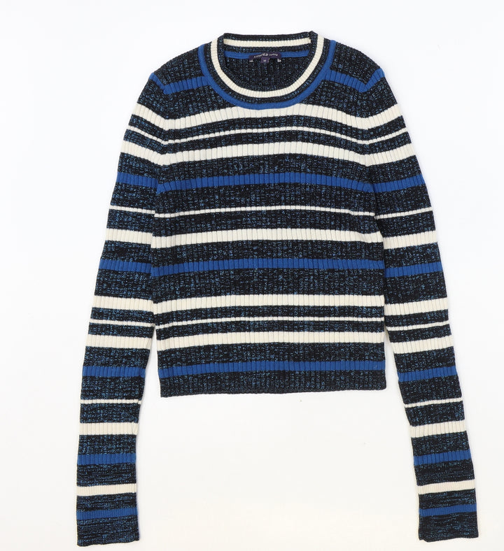 Marks and Spencer Womens Blue Scoop Neck Striped Cotton Pullover Jumper Size 12 - Ribbed
