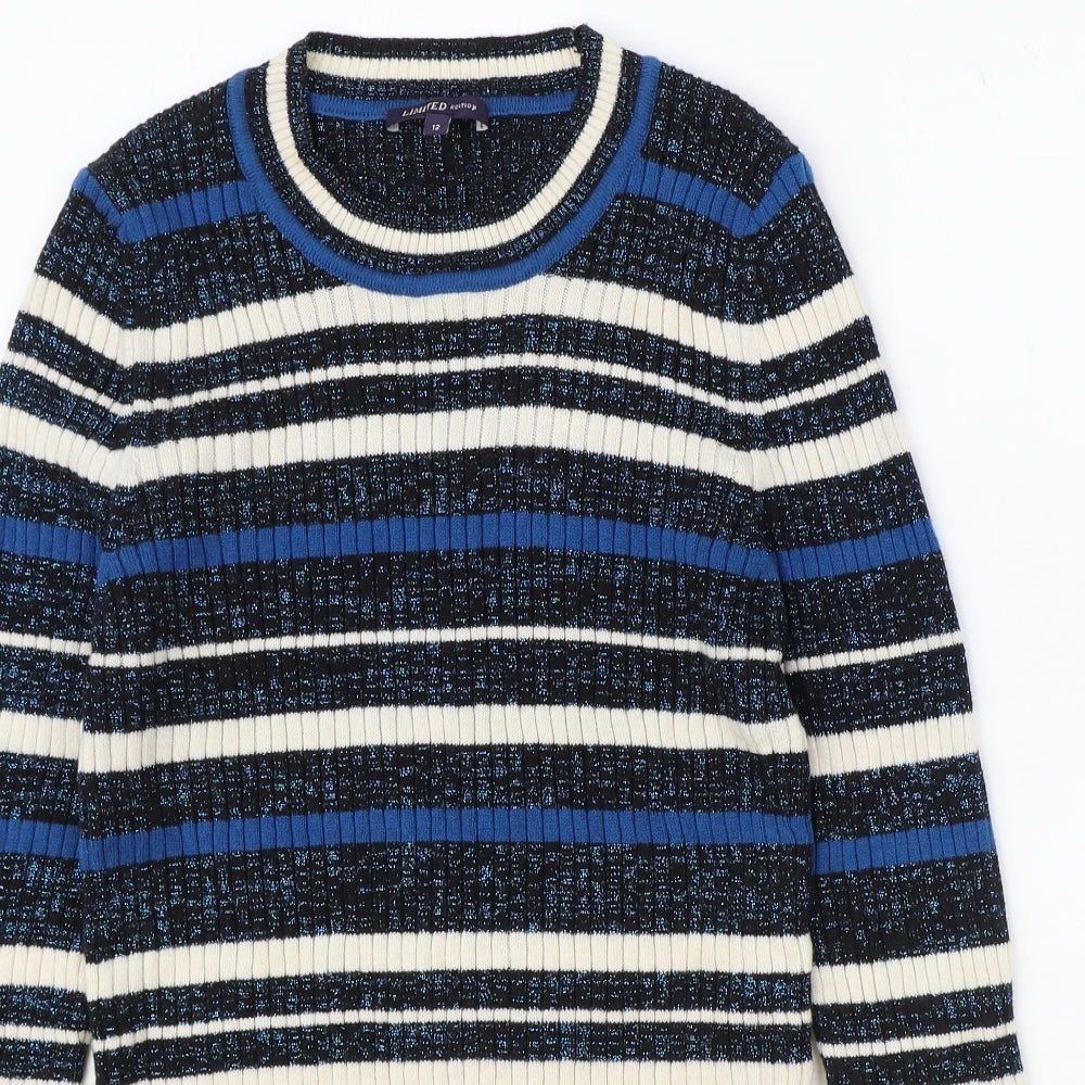 Marks and Spencer Womens Blue Scoop Neck Striped Cotton Pullover Jumper Size 12 - Ribbed