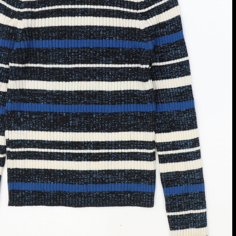 Marks and Spencer Womens Blue Scoop Neck Striped Cotton Pullover Jumper Size 12 - Ribbed