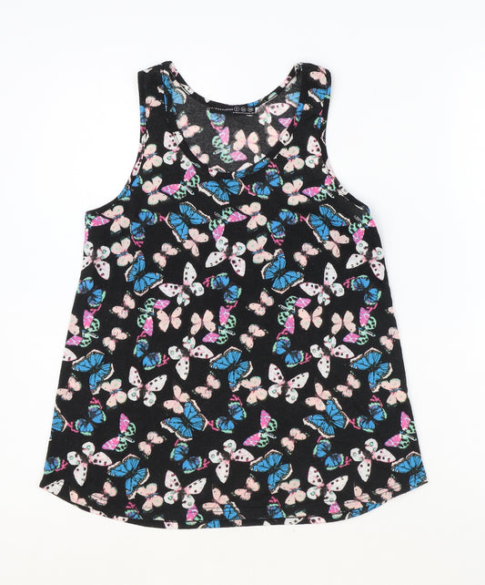 Front view of Atmosphere women’s black geometric polyester basic tank, size UK 8, round neck - butterfly print