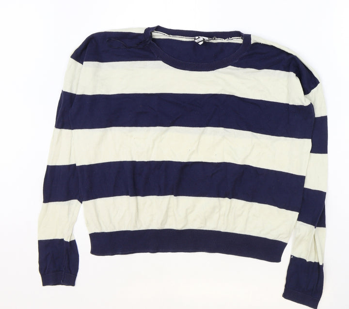 New Look Womens Blue Scoop Neck Striped Cotton Pullover Jumper Size 12