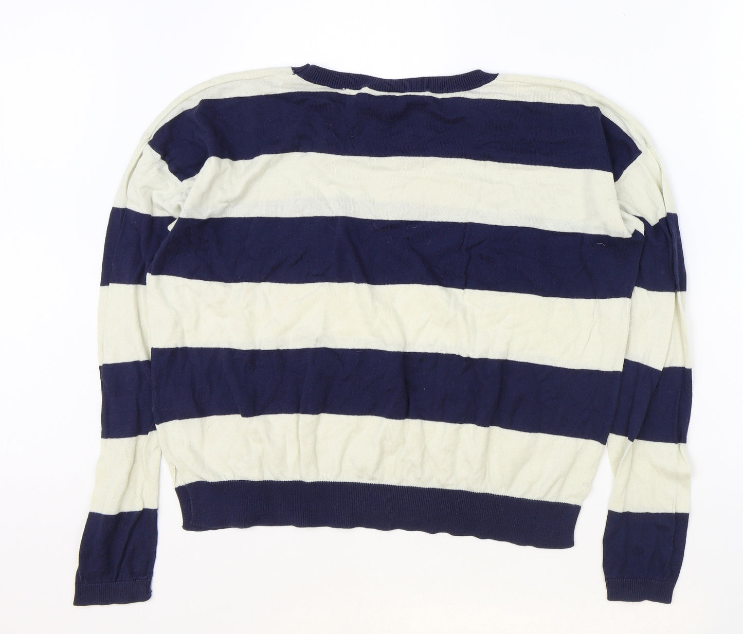 New Look Womens Blue Scoop Neck Striped Cotton Pullover Jumper Size 12