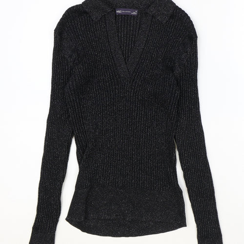 Marks and Spencer Womens Black V-Neck Polyester Pullover Jumper Size 10