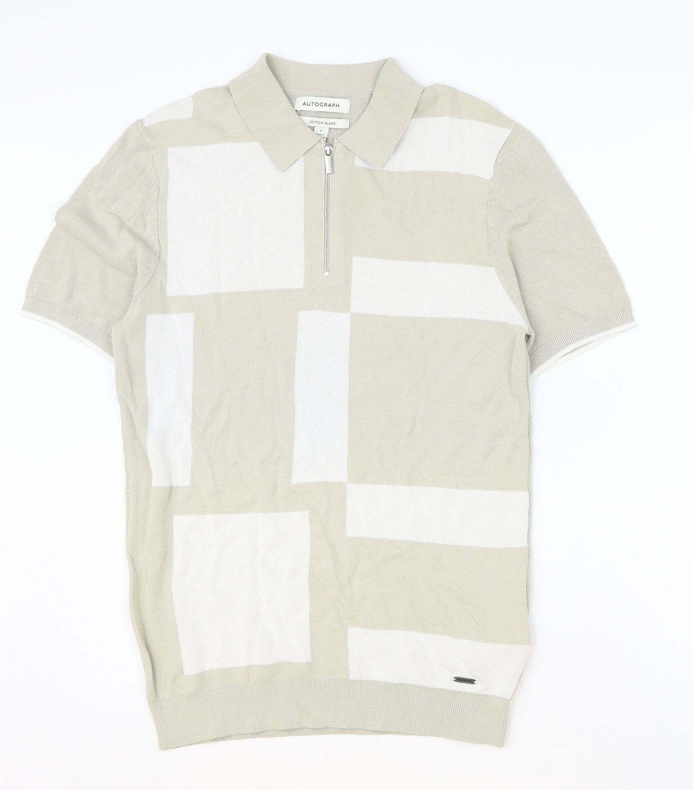 Marks and Spencer Mens Beige Geometric Viscose Polo Size S Collared Zip
