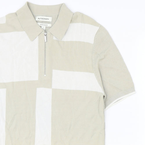 Marks and Spencer Mens Beige Geometric Viscose Polo Size S Collared Zip