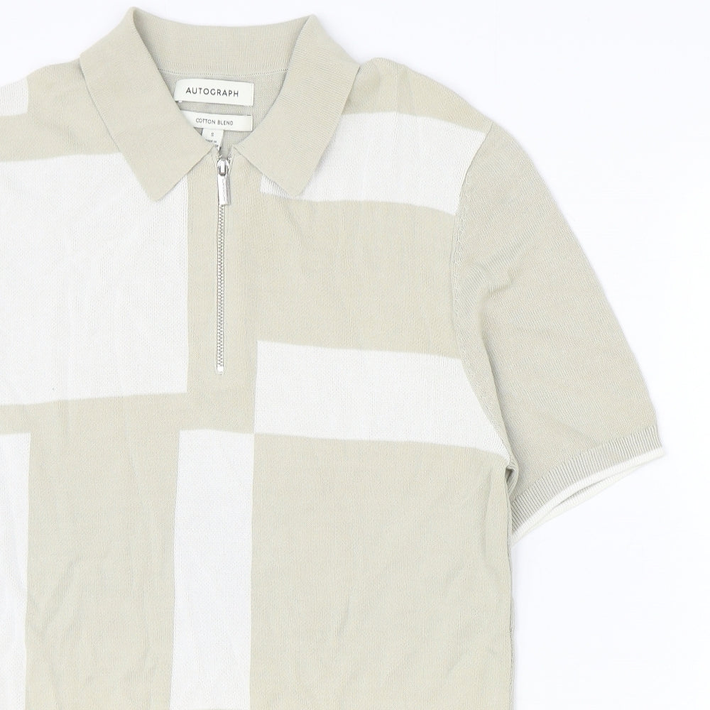 Marks and Spencer Mens Beige Geometric Viscose Polo Size S Collared Zip