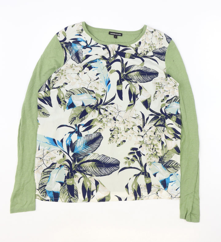 Warehouse Womens Green Geometric Acrylic Basic Blouse Size M Round Neck