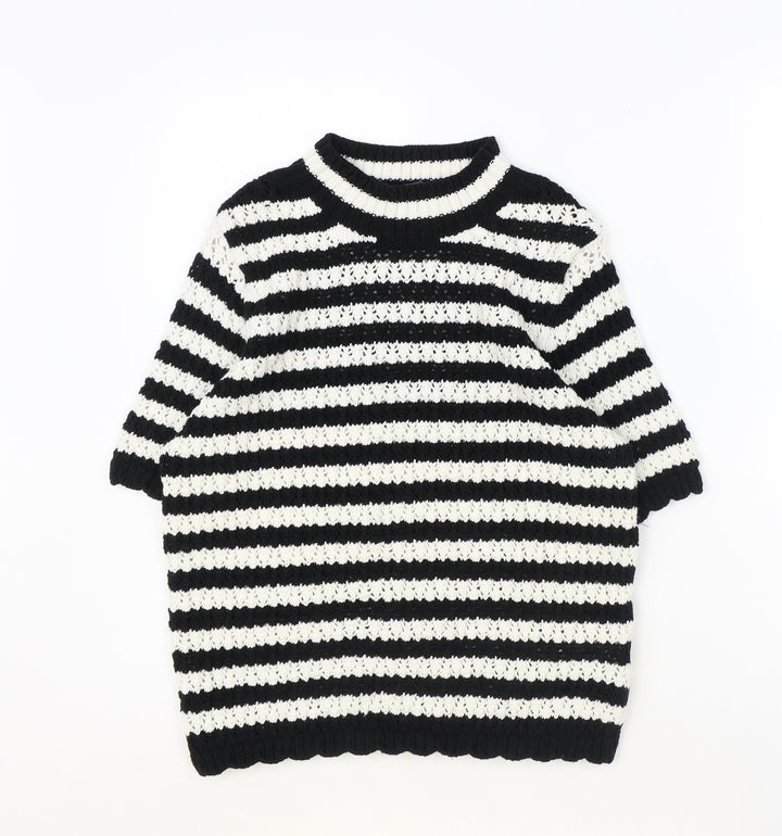 Marks and Spencer Womens Black Round Neck Striped Cotton Pullover Jumper Size 8