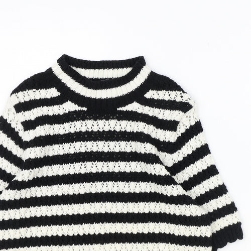 Marks and Spencer Womens Black Round Neck Striped Cotton Pullover Jumper Size 8