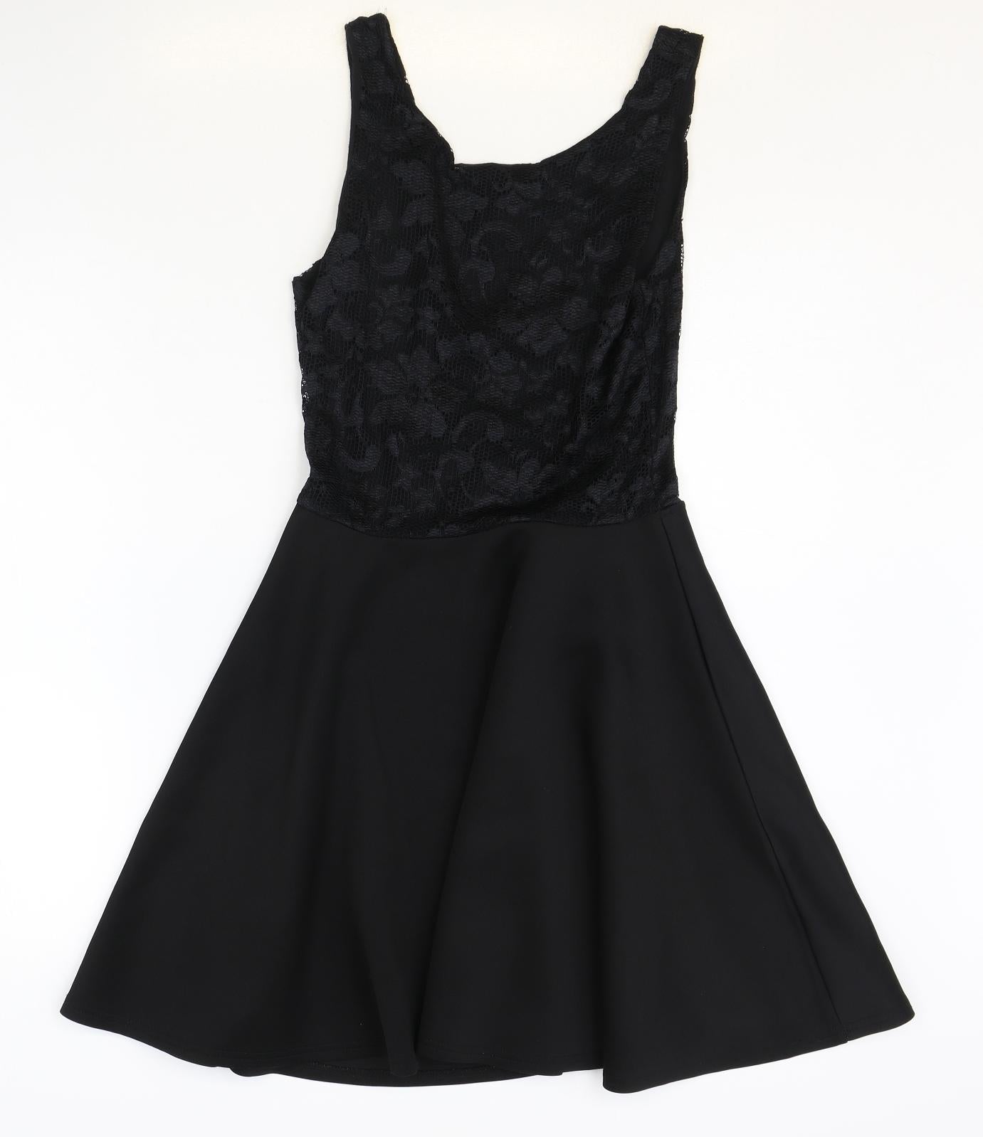 Boohoo Womens Black Polyester Skater Dress Size 10 Scoop Neck Pullover