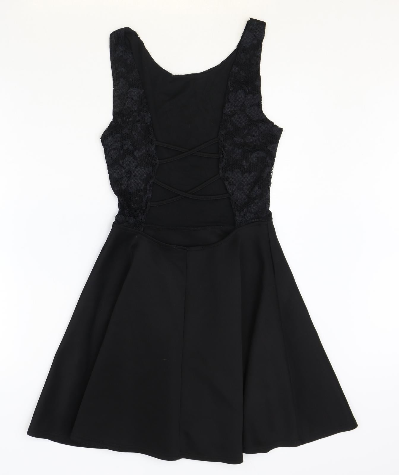 Boohoo Womens Black Polyester Skater Dress Size 10 Scoop Neck Pullover