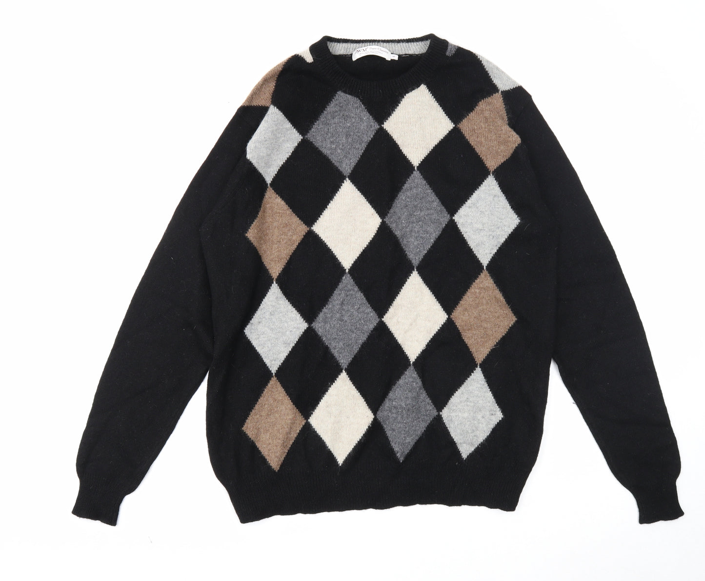 EWM Mens Black Round Neck Argyle/Diamond Wool Pullover Jumper Size M Long Sleeve