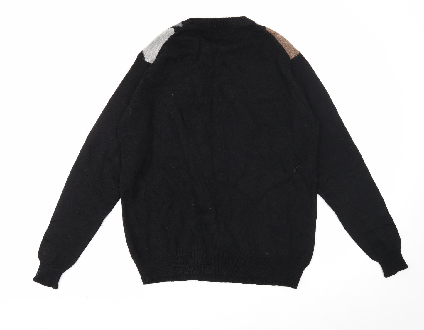 EWM Mens Black Round Neck Argyle/Diamond Wool Pullover Jumper Size M Long Sleeve