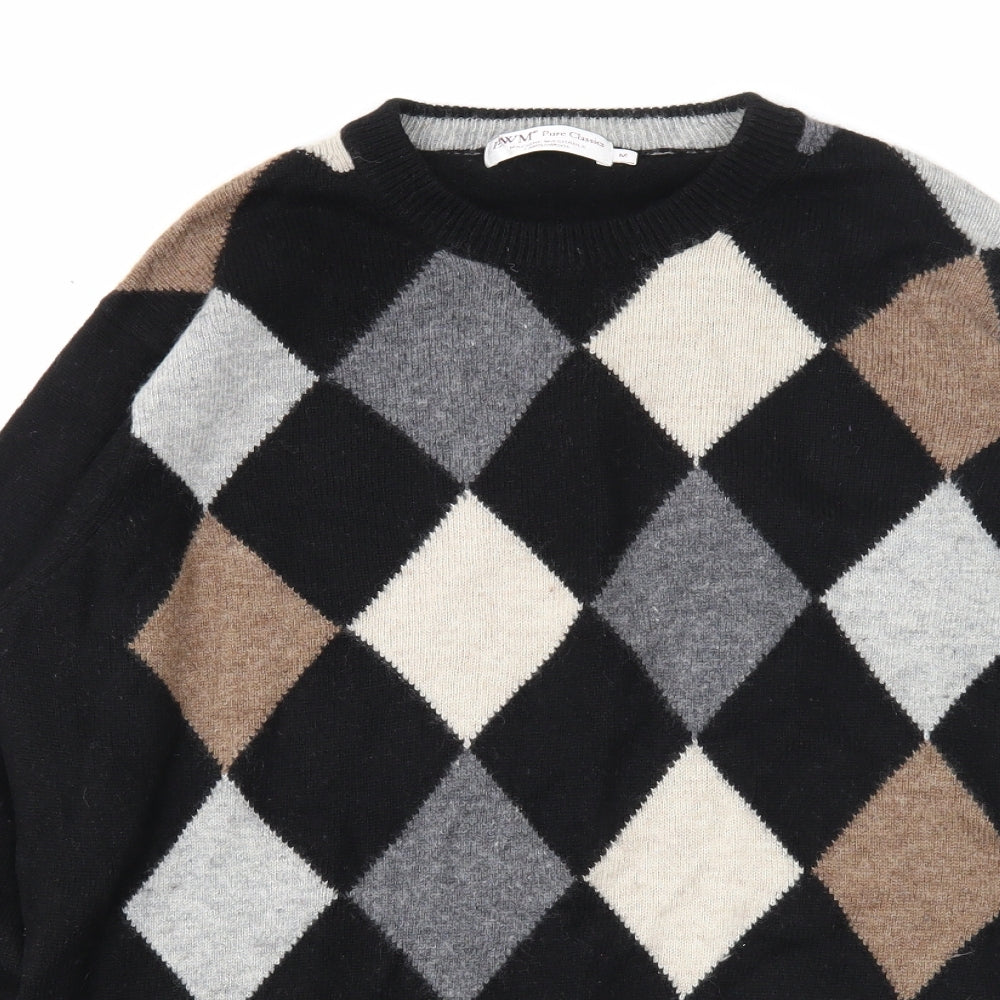 EWM Mens Black Round Neck Argyle/Diamond Wool Pullover Jumper Size M Long Sleeve