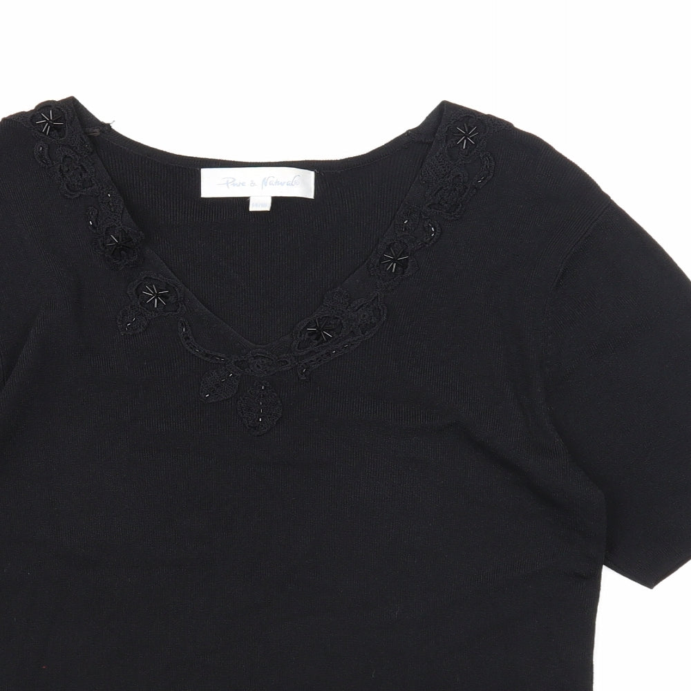 Pure & Natural Womens Black V-Neck Rayon Pullover Jumper Size 14