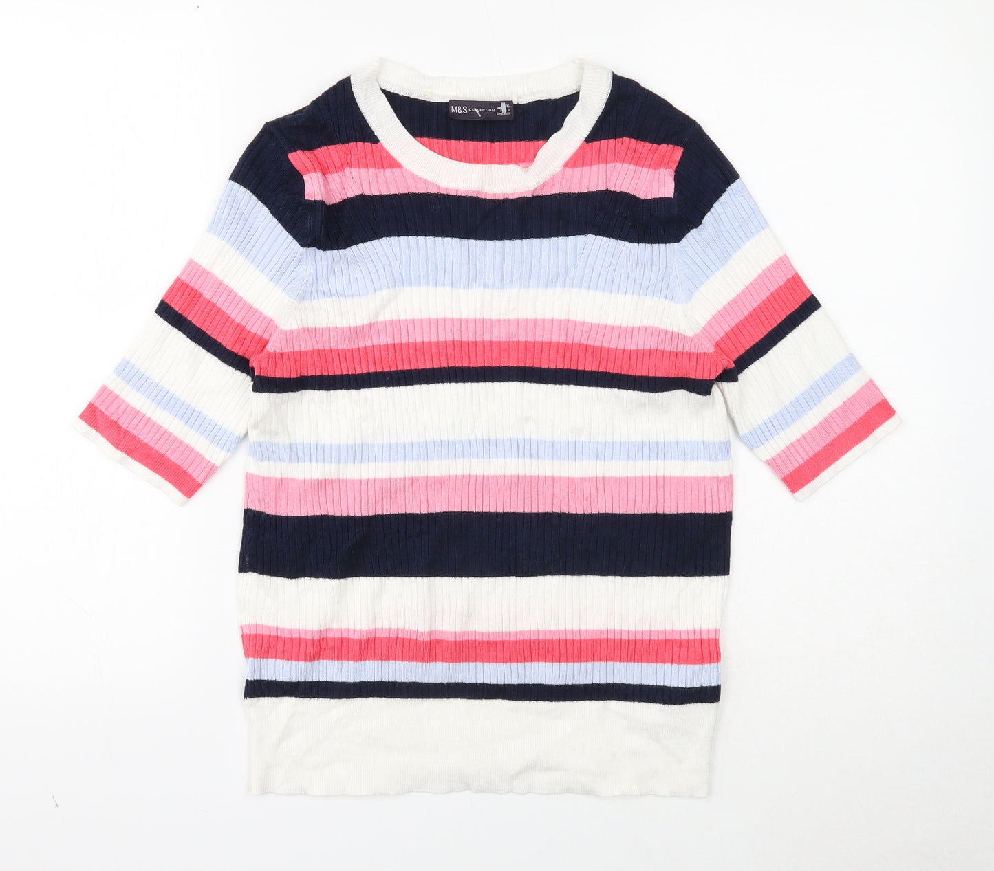 Marks and Spencer Womens White Scoop Neck Striped Viscose Pullover Jumper Size 16