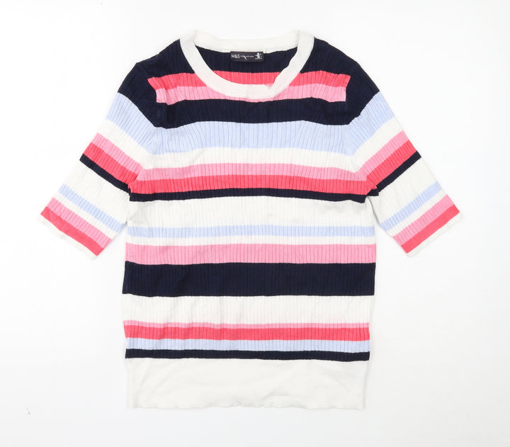 Marks and Spencer Womens White Scoop Neck Striped Viscose Pullover Jumper Size 16