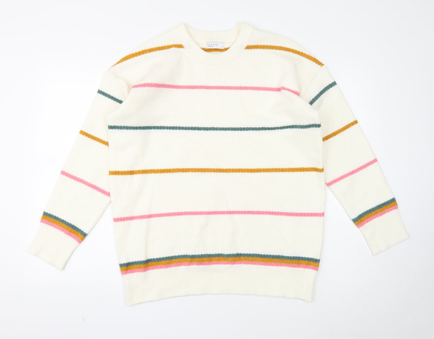 Papaya Womens White Round Neck Striped Acrylic Pullover Jumper Size L