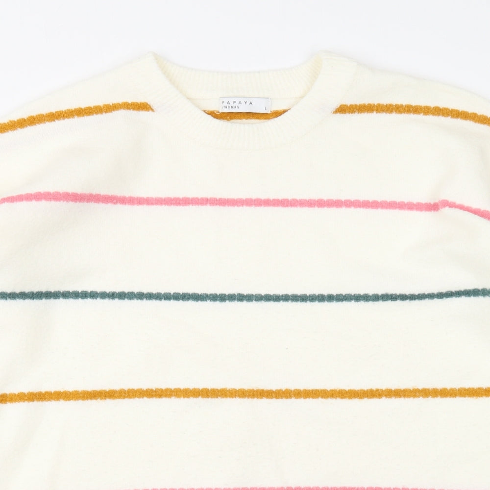 Papaya Womens White Round Neck Striped Acrylic Pullover Jumper Size L