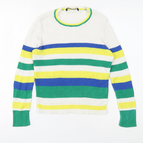 Stradivarius Womens White Round Neck Striped Cotton Pullover Jumper Size S