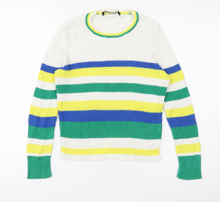 Stradivarius Womens White Round Neck Striped Cotton Pullover Jumper Size S