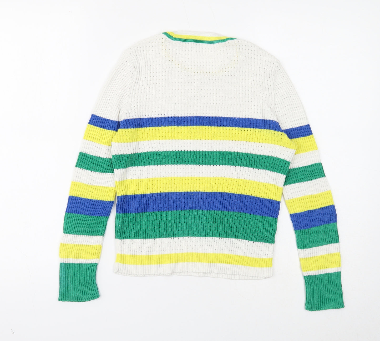 Stradivarius Womens White Round Neck Striped Cotton Pullover Jumper Size S