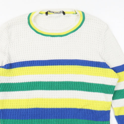 Stradivarius Womens White Round Neck Striped Cotton Pullover Jumper Size S
