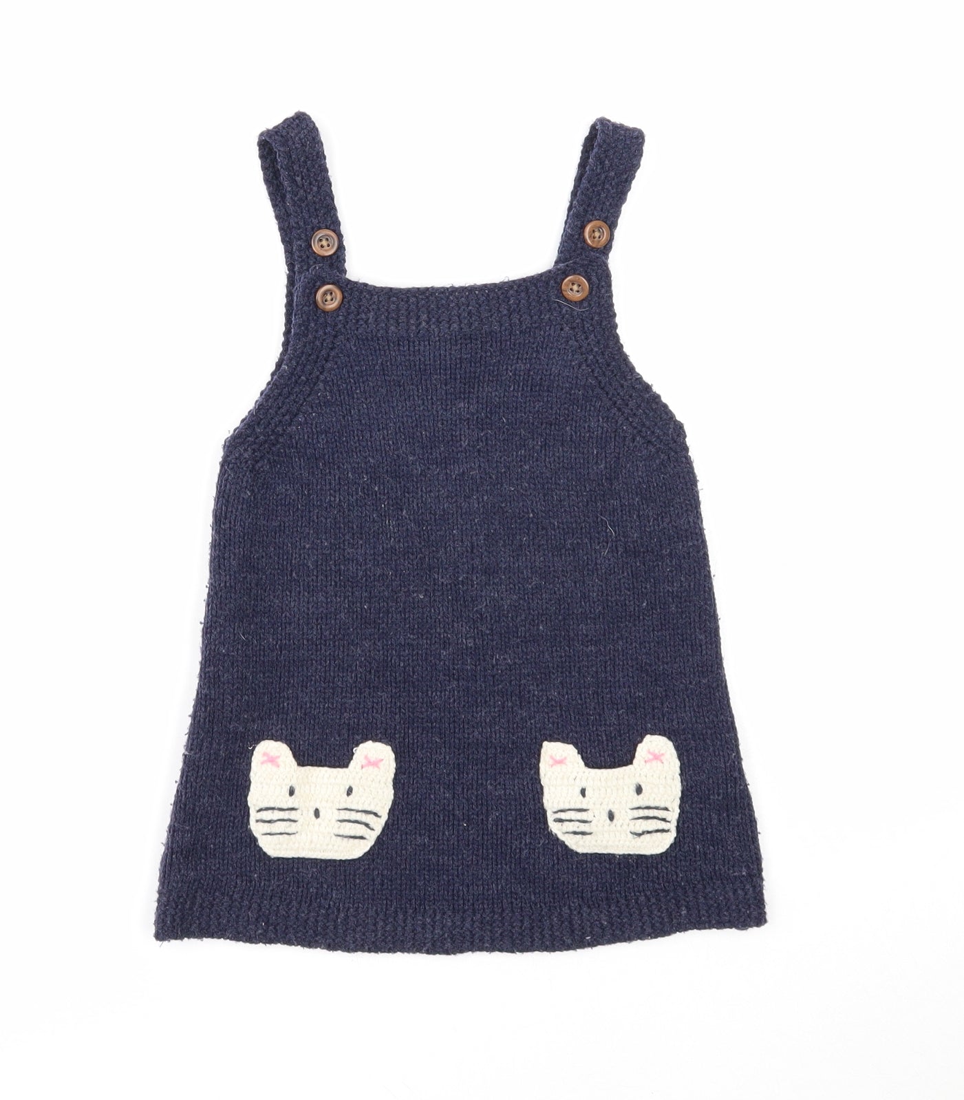 F&F Girls Blue Acrylic Pinafore/Dungaree Dress Size 18-24 Months Square Neck Button - Cats Print