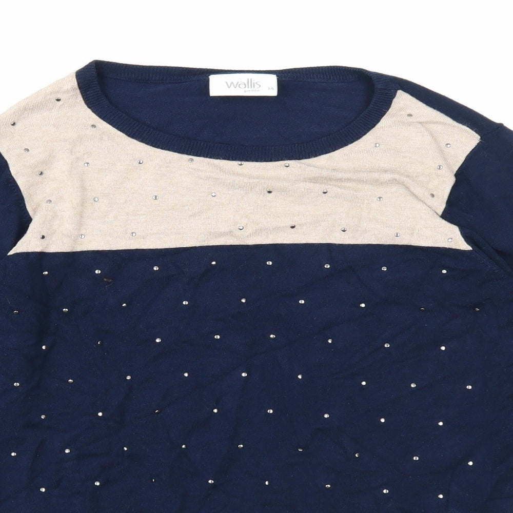 Wallis Womens Blue Round Neck Viscose Pullover Jumper Size 14